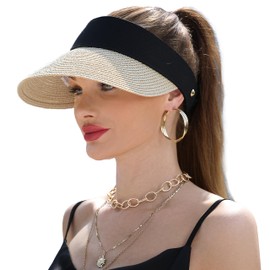 Rulala Fancy Womens Sun Hat Straw Visor UV Protection Wide Brim Packable Travel Summer Cap for Beach UPF 50+(Beige)