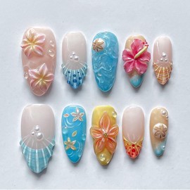 Luxury Press on Nails Medium Almond Handmade 3D Unique Reusable ABS Material Fake Nails French Tip False Nails with Designs Flower Pearls Water Drop Summer Glossy Glue on Nail Thick Acrylic Nail(S)
