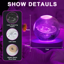 HOTUT 3D Kristallkugel Nachtlicht, LED Ball Lampe mit Netzschalter,6cm Bunte Nachtlicht Klein Sonnensystem Planeten Kristallkugel für Geburtstag Weihnachten Home Dekoration