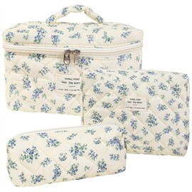 Dkieuyu 3 Pcs Cotton Quilted Makeup Bag Set,Floral Makeup Bag,Cute Makeup Bag,Travel Makeup Bag,Large Toiletry Cosmetic Bag Makeup Bag Organizer for Women Girls (H)