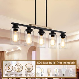 Yusist Farmhouse Kitchen Island Lighting,5-Light Dining Room Light Fixtures Over Table Linear Chandelier Pendant Lighting with Glass Shade and Adjustable Rods for Dining Table Living Room