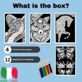 4 Pack Velvet Coloring Posters- Animal Variety- Arts & Craft Kit Includes a Fox, King Cobra, Horse, Butterflies and 12 Felt Tip Markers- Ideal for Travel- Boys and Girls 3+