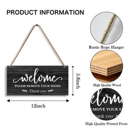 Remove Your Shoes Welcome Wooden Sign – 12 x 6 Inch Rustic Farmhouse Hanging Wall Decor for Entryway, Front Door, Porch, Shoes Off Inside, Kindly Thank You, Housewarming Gift -C02