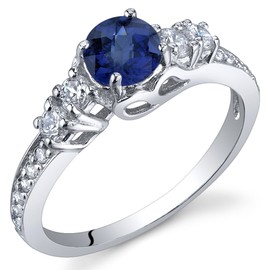 PEORA Created Blue Sapphire Women Ring 925 Sterling Silver, Enchanting Solstice Design, 0.75 Carat Round 5mm Size 7, Sparkling Blue Sapphire Promise, Engagement or Anniversary Ring for Women