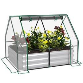 Outsunny 4' x 3' Galvanized Raised Garden Bed with Mini Greenhouse Cover, Outdoor Metal Planter Box with Roll-Up Door for Growing Flowers, Fruits, Vegetables and Herbs, Clear