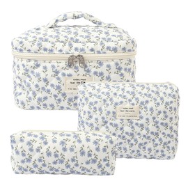 Waltonalice 3 teiliges Reise Kosmetiktasche Set Damen Make up Bag Aesthetic Blumen Große Kulturbeutel Niedliche Make-up-Tasche aus Baumwolle Waschtasche Tragbare Travel Essentials für Frauen Blau