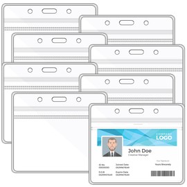 Happy Trees Badge Holder Horizontal ID Card Protector, Name Tag Badge Holders with Resealable Zip, Clear PVC Plastic Sleeves, Pass Case Credential Pouch for Office, School (8 Pack)