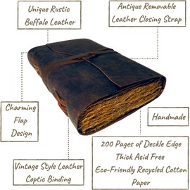 Modest Goods Vintage Leather Journal Deckle Edge Rustic Paper, Unlined Pages Book of Shadows, leatherbound Grimoire, Junk Notebook, Fantasy Medieval Gifts, Sketchbook, Scrapbook (Rustic Brown, 9x6)