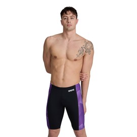 ARENA Men's Swim Jammer Halftone Team Print MaxLife Athletic Swimwear Professional Training Swimsuit Sports Bathing Suit, Black/Team Purple, US Size 24