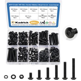 Kadrick Metric Screw Assortment, 280PCS Metric Bolt Assortment Kit M5 Machine Screws with Lock & Flat Washers, Grade 10.9 Alloy Steel Hex Socket Button Head Black Screws Nuts and Bolts Kit
