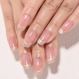 evpct French Tip Press On Nails Medium Squoval, Nude Pink + Gold Line & Cat Eye Tips, Medium Squoval Fake False Press on Nails, Soft Gel Stick on nail Press ons with Nail Kit, Reusable Salon Quality