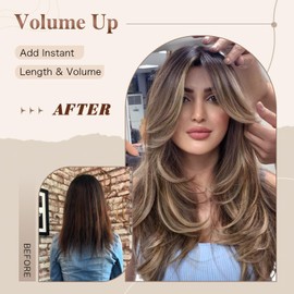 Hightlight Honey Blonde Wigs with Bangs Long Golden Brown Ombre Hightlight Layered Wavy Wig with Curtain Bangs for Black White Women Synthetic Long Natural Body Wave Blonde Butterfly Haircut for Women