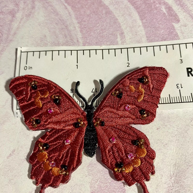 BUTTERFLY IRON ON PATCH EMBROIDERED WITH BEAUTIFUL BEADS! Pink/red So