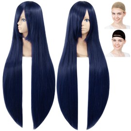 CaseEden 6161 Premium Cosplay Wig, Smooth, Long Hair, 39.4 inches (100 cm), Blue Black, Blue-Black