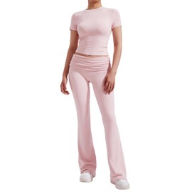 RXRXCOCO Women's 2 Piece Lounge Sets Y2K Crop Tops Fold Over Flare Pants Casual Outfits Matching Sets Pink Large