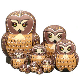 Moonmo 10pcs Brown Owl Handmade Wooden Russian Nesting Dolls Matryoshka Dolls Set