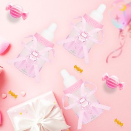 LASLU Baby Shower Favor Boxes +24pcs Feeder Style Candy Bottle for Baby Shower Party Supplies Cute 1st Birthday Girl Decoration (24pcsPink)