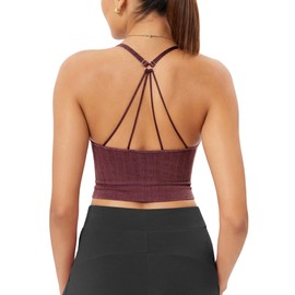 ODODOS Seamless Padded Sports Bra for Women Strappy Longline Wirefree Brami Ribbed Crop Tank Tops, Washing Wine, X-Large/XX-Large