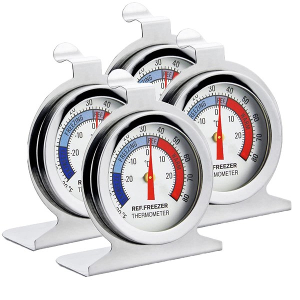 Fridge Thermometer Refrigerator Thermometer,INRIGOROUS 4Pcs Stainless Steel Dial Fridge/Freezer Thermometer with Hanging Hook and Retractable Stand