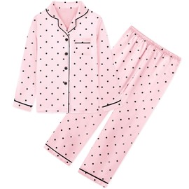 Umeyda Girls Pjs Set, 2 Piece PJS Set Satin Silk Button Down Sleepwear Loungewear Outfit for Teen Kids Boys, Baby Pink Dots, 11-12 Years = Tag 160
