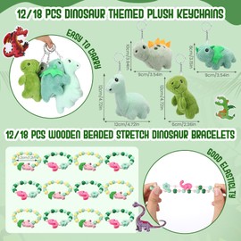 Remuuly 88 Pcs 12 Sets Dinosaur Party Favor Mini Dinosaur Stuffed Animals Bulk Plush Keychains Bracelet Gift Box Sticker for Adopt an Animals Favors Birthday Goodie Bag Supplies Fillers Stuffers