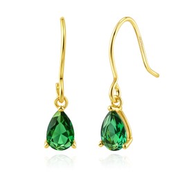 Weviway Sterling Silver Teardrop Emerald Dangle Earrings, Gold-Plated, Green Crystal, May Birthstone Jewellery