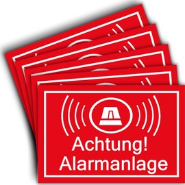 Alarmgesichert Sign, 20 x 14 cm, 3 mm Thick, Achtung Vorsicht Alarmgesichert, Notice Sign Alarm – House Building Object – Alarm System – Burglary Protection, Pack of 5