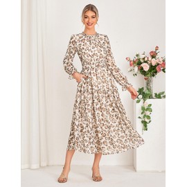 GRACE KARIN Women's Fall Wedding Guest Dresses Long Sleeve Floral Elegant Tiered Long Dress Swing A Line Midi Dress Beige XL