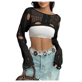 GORGLITTER Women's Hollow Out Sheer Bolero Shrugs Boat Neck Long Sleeve Sexy Crop Jumper Sweater Ripped Crochet Tops Black X-Large