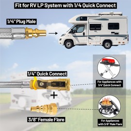 12Ft RV Propane Quick Connect Hose-1/4 Inch Safety Shutoff Valve-RV Quick Disconnect Propane Hose with 3/8" Female Flare Adapter for Gas Grills And Elbow Adapter for 17" and 22" Blackstone Griddles
