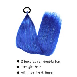 NOTICEME Royal Blue White Blue Ponytail Extension with Hair Tie, Crazy Hair Day Accessaries Colored Hair Extensinos for Kids, Festival Rave Hair Extensions, Kids Ponytail Extension 2 Packs 25 Inch