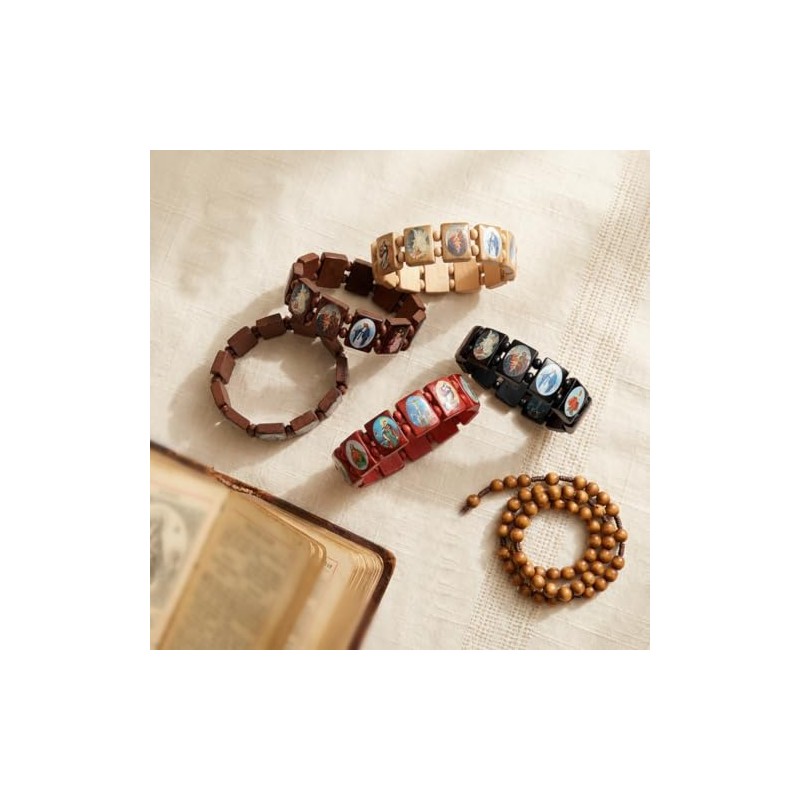 DATOA 4Pcs Wooden Jesus Virgin Mary Bracelet Saints Rosary Stretch