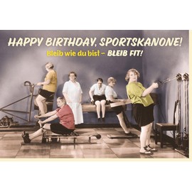 Original Happy Birthday Card Sportskanone! - Illustrated with nostalgic fitness humour, gym equipment, perfect for sports fans. Stay active and humorous! - Comes with envelope