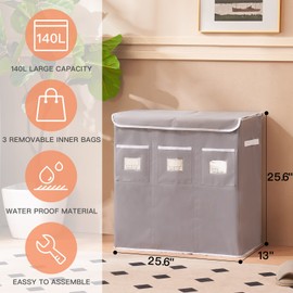 Large Laundry Hamper with Lid 3 Section by YOUDENOVA, 140L Tall Laundry Basket with Removable Bags, Divided Clothes Hampers for Laundry in Bedroom, Bathroom, Dorm, Grey