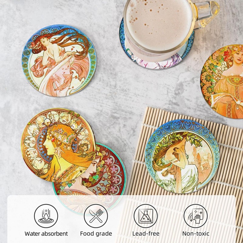 Alphonse Mucha Art Absorbent Coasters with Holder Set of 6,