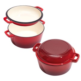2 in 1 Enameled Cast Iron Dutch Oven Pot 6QT with 2QT Lid - Big Dual Handles - Oven Safe up to 500°F - Classic Round Pot for Versatile Cooking Red