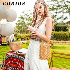 CORIOS Women's Woven Handbag Bohemian Tote Bag Retro Bucket Bags Summer Beach Bag Knitted Bag Wooden Beads Handbag Openwork Tote Bag for Travel Holiday Beach, yellow