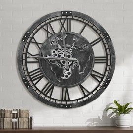 Micasso 27 in Black Large Wall Clock: Real Moving Gears Clock with World Map - Vintage Wood Frame Non-Ticking Battery Operated Silent Mechanical Clock for Home Decor/Office/Living Room/Bedroom