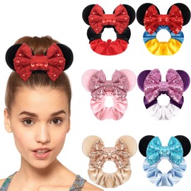 MiDoDo 6 Pcs Mouse Ears Hair Scrunchies Velvet Elastic Hair Ties Sequin Bows Hair Scrunchies Hair Bands Scrunchies Sparkle Bow Scrunchy Hair Bobbles for Women Girls Hair Accessories
