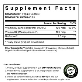 Utmost Nutrients D3(5000IU) & K2(100 MCG) in 1 Capsule for Maximum Bioavailability - Cardiovascular, Immune and Bone Support - 60 Capsules
