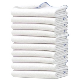 Towelogy Premium Extra Large Dish Cloths Pack of 10 - Cotton 38 x 45cm Odour Free & Super Absorbent Kitchen Dish Towels (White/Blue Edges, 10)