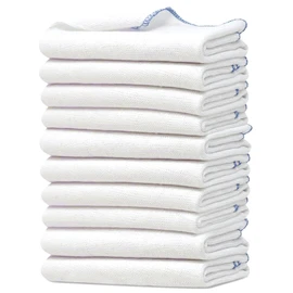 Towelogy Premium Extra Large Dish Cloths Pack of 10 - Cotton 38 x 45cm Odour Free & Super Absorbent Kitchen Dish Towels (White/Blue Edges, 10)