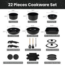 Kikcoin [Deal]Kikcoin Non-Toxic Nonstick Ceramic 22 pcs pots and pans set complete Cookware Set with Lids,Detachable Handle,PFAS-Free,Dishwasher Oven Safe,Kitchen Outdoorfun Induction Compatible - Colour: black