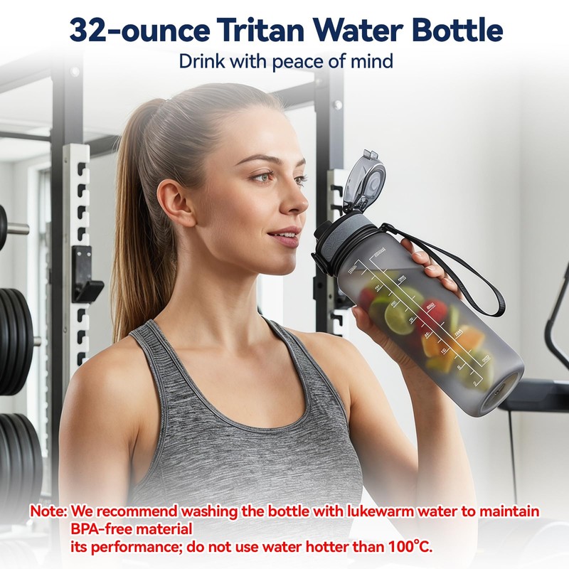 UTEBIT Gray Water Bottle 32oz, Motivational and Leak-Proof Water Cup