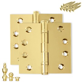 Finsbury Hardware Solid Brass Door Hinge Heavy Duty Ball Bearing Polished Shiny Gold 4.5 x 4.5 Inch with Decorative Screw-on Tips Included - Set of 2 Hinges (Polished Brass)