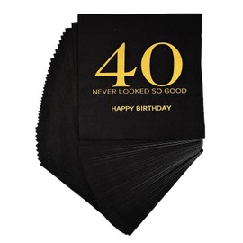 Black and Golden Happy 40th Birthday Napkins,40th Birthday 40th Wedding Anniversary Party Decorations Napkins for Men and Women 40pcs