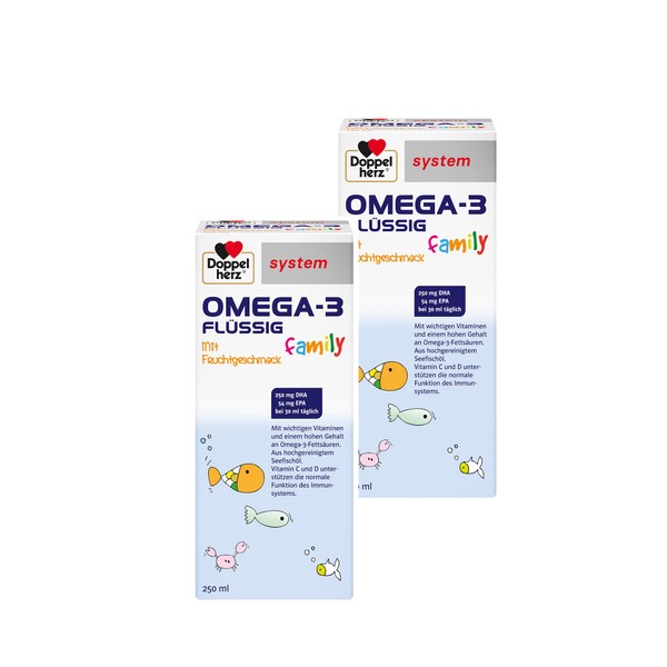 Doppelherz System OMEGA-3 Family Liquid - Brain Function and Immune System - 250 mg DHA as a Contribution to Maintaining Normal Brain Function - 2 x 250 ml