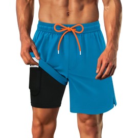 Men's Swim Trunks with Compression Liner Mens Board Shorts Men's Swimwear Plus Size Bathing Suit for Men Swim Shorts Men Peacock Blue