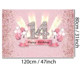 14th Birthday Banner 14th Birthday Decoration Rose Gold Party Decoration Girl, Fabric Sign Poster 14th Anniversary Party Birthday Banner Table Decoration Poster, Glitter Pink