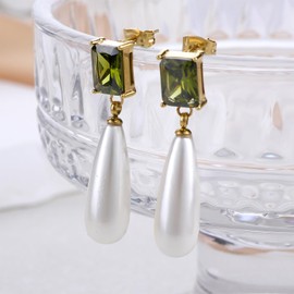 TaYolnFaSo Pearl Emerald-cut Peridot Earring for Women 18K Gold Plated Simulated Pearl Stud Dangle Earring Emerald Cut CZ Peridot Jewelry August Birthstone Gift for Wife Mother Girlfriend